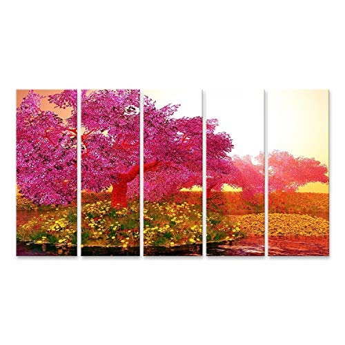 islandburner, Bild auf Leinwand Mysteriöse Kirschblüten Japanischer Garten Cartoon 3D-Rendering Wandbild Leinwandbild Kunstdruck Poster 170x80cm - 5 Teile XXL