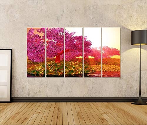islandburner, Bild auf Leinwand Mysteriöse Kirschblüten Japanischer Garten Cartoon 3D-Rendering Wandbild Leinwandbild Kunstdruck Poster 170x80cm - 5 Teile XXL