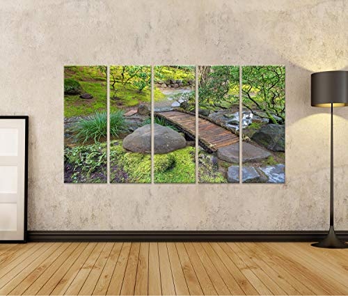 islandburner, Bild auf Leinwand Bambus-Fußbrücke über den Bach im Frühjahr im Japanischen Garten Wandbild Leinwandbild Kunstdruck Poster 170x80cm - 5 Teile XXL