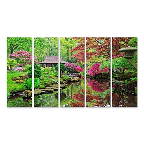 Bild auf Leinwand Schöner japanischer Garten im Park Clingendael in Wassenaar, Niederlande Wandbild Leinwandbild Kunstdruck Poster 170x80cm - 5 Teile XXL