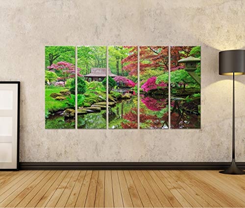 Bild auf Leinwand Schöner japanischer Garten im Park Clingendael in Wassenaar, Niederlande Wandbild Leinwandbild Kunstdruck Poster 170x80cm - 5 Teile XXL