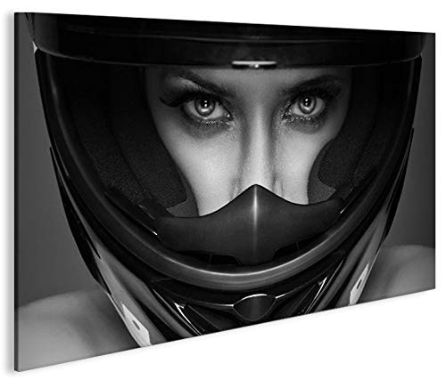 islandburner Bild Bilder auf Leinwand Frau mit Motorrad Helm 1p XXL Poster Leinwandbild Wandbild Dekoartikel Wohnzimmer Marke