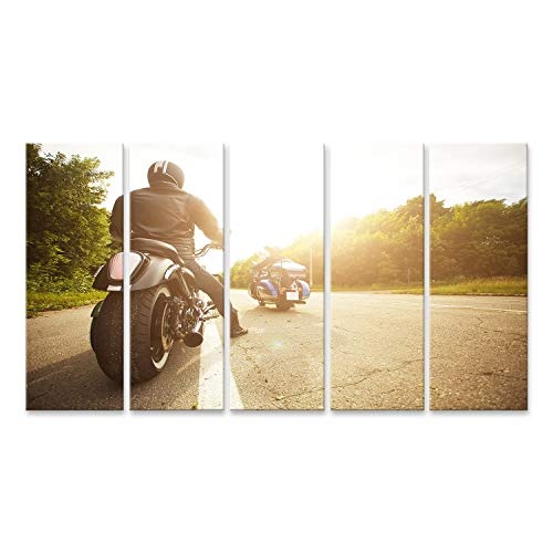 islandburner, Bild auf Leinwand Zwei Biker auf unbekanntem Motorrad mit verschwommener Bewegung, Geschwindigkeitskonzept Wandbild Leinwandbild Kunstdruck Poster 170x80cm - 5 Teile XXL