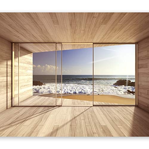 murando - Fototapete Meer Fenster 300x210 cm - Vlies Tapete - Moderne Wanddeko - Design Tapete - Wandtapete - Wand Dekoration - Meer See Natur Landschaft Fenster 3D Holz c-A-0084-a-d