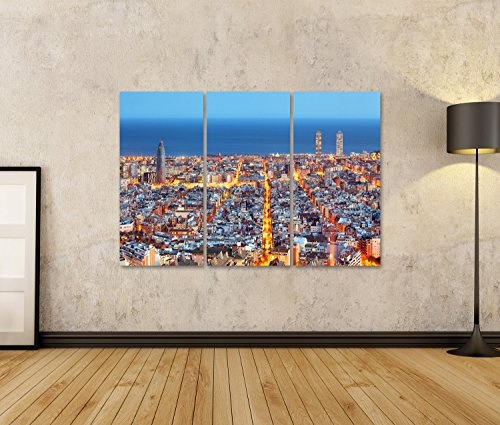islandburner, Bild auf Leinwand Skyline von Barcelona, Luftaufnahme bei Nacht, Spanien Wandbild Poster Leinwandbild