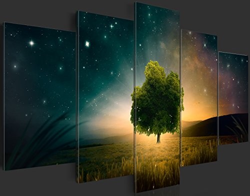 murando - Bilder 225x112 cm Vlies Leinwandbild 5 TLG Kunstdruck modern Wandbilder XXL Wanddekoration Design Wand Bild - Stern Baum Natur Nacht Landschaft b-C-0117-b-n