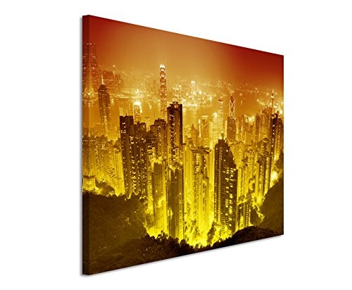 Sinus Art 120x80cm Wandbild - Farbe Orange Gelb - Leinwandbild auf Keilrahmen in bester Qualität - Hong Kong Skyline bei Nacht III