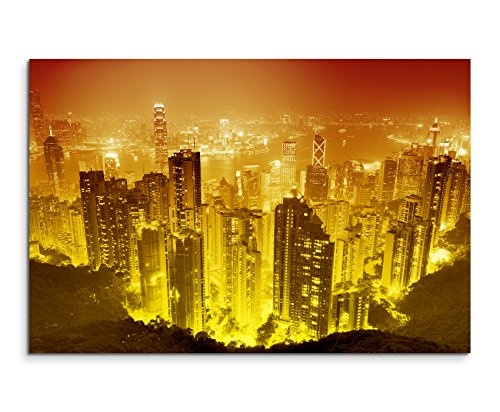 Sinus Art 120x80cm Wandbild - Farbe Orange Gelb - Leinwandbild auf Keilrahmen in bester Qualität - Hong Kong Skyline bei Nacht III