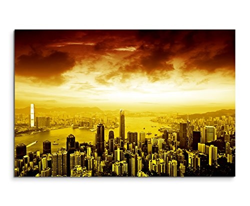 120x80cm Wandbild - Farbe Orange Gelb - Leinwandbild auf Keilrahmen in bester Qualität - Hong Kong Skyline bei Nacht I