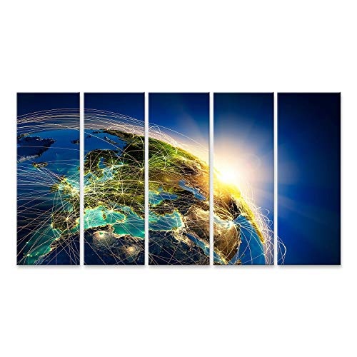 Bild Bilder auf Leinwand hochdetaillierte Planet Erde in der Nacht von der aufgehenden Sonne beleuchtet mit geprägten Kontinenten beleuchtet von Wandbild, Poster, Leinwandbild MPU