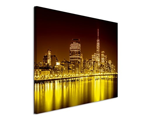120x80cm Wandbild - Farbe Orange Gelb - Leinwandbild auf Keilrahmen in bester Qualität - Stadt Gebäude New York -city Manhattan Nacht