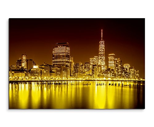 120x80cm Wandbild - Farbe Orange Gelb - Leinwandbild auf Keilrahmen in bester Qualität - Stadt Gebäude New York -city Manhattan Nacht