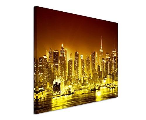 120x80cm Wandbild - Farbe Orange Gelb - Leinwandbild auf Keilrahmen in bester Qualität - Panorama Manhattan nachts