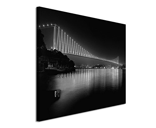 50x70cm Wandbild Fotoleinwand Bild in Schwarz Weiss Bosporusbrücke bei Nacht Istanbul