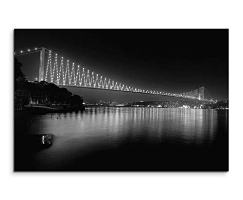 50x70cm Wandbild Fotoleinwand Bild in Schwarz Weiss Bosporusbrücke bei Nacht Istanbul