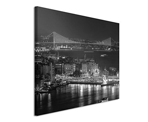 50x70cm Wandbild Fotoleinwand Bild in Schwarz Weiss Bosporusbrücke Istanbul nachts