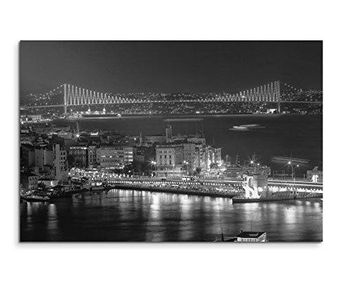 50x70cm Wandbild Fotoleinwand Bild in Schwarz Weiss Bosporusbrücke Istanbul nachts