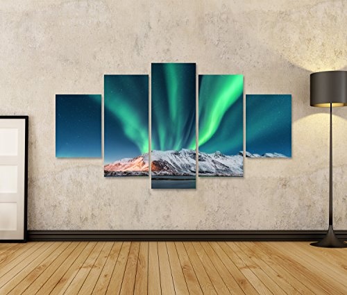 islandburner Bild auf Leinwand Nordlicht. Lofoten Inseln, Norwegen. Aurora. Grüne Nordlichter. Sternenhimmel mit Polarlichtern. Nacht LEE-MFP-DE