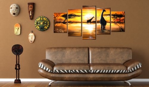 murando - handbemalte Bilder auf Leinwand Afrika 200x100 cm - 5 Teilig - Leinwandbilder - Wandbilder XXL - Kunst - Wandbild - Savanna Sonnenuntergang Giraffe 5723