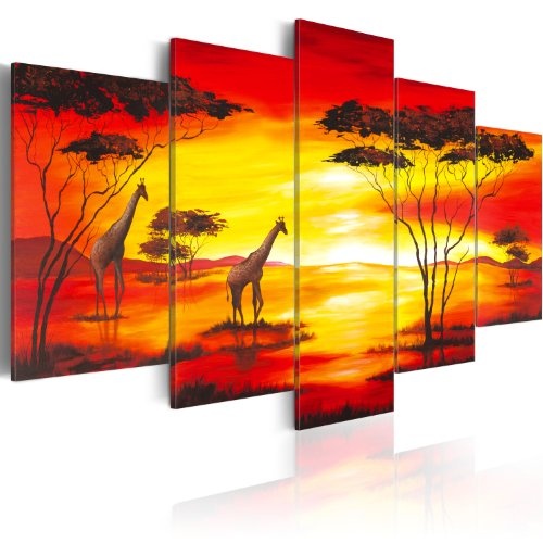 murando - handbemalte Bilder auf Leinwand Afrika 200x100 cm - 5 Teilig - Leinwandbilder - Wandbilder XXL - Kunst - Wandbild - Savanne Sonnenuntergang Giraffe 5715