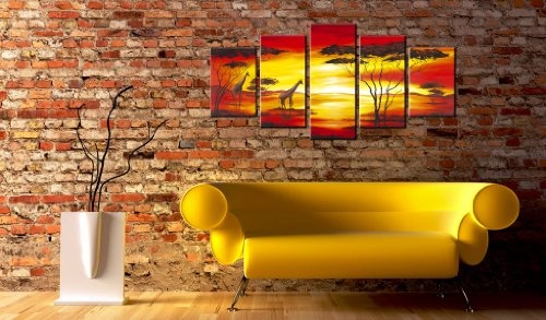 murando - handbemalte Bilder auf Leinwand Afrika 200x100 cm - 5 Teilig - Leinwandbilder - Wandbilder XXL - Kunst - Wandbild - Savanne Sonnenuntergang Giraffe 5715