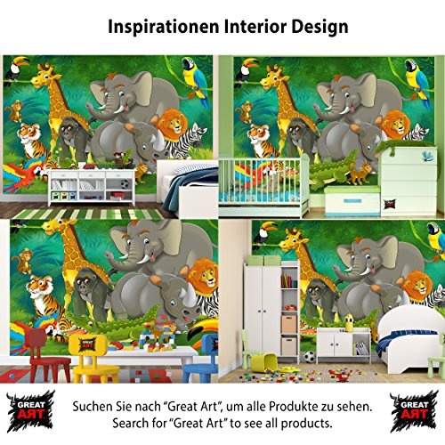 great-art Fototapete Dschungel Tiere 336 x 238 cm - 8-teilige Tapete Kinderzimmer Wandtapete