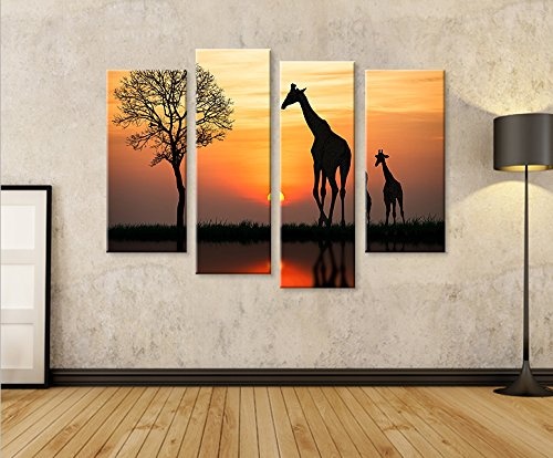 islandburner Bild Bilder auf Leinwand Giraffen Arfika Steppe Giraffe 4er XXL Poster Leinwandbild Wandbild Dekoartikel Wohnzimmer Marke