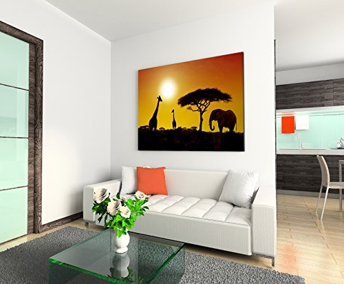 120x80cm Wandbild - Farbe Orange Gelb - Leinwandbild auf Keilrahmen in bester Qualität - Sonnenuntergang Elefant und Giraffen Afrika
