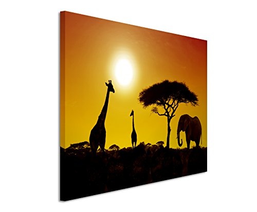 120x80cm Wandbild - Farbe Orange Gelb - Leinwandbild auf Keilrahmen in bester Qualität - Sonnenuntergang Elefant und Giraffen Afrika