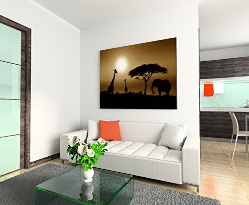 120x80cm Wandbild Fotoleinwand Bild in Sepia Sonnenuntergang Elefant und Giraffen Afrika