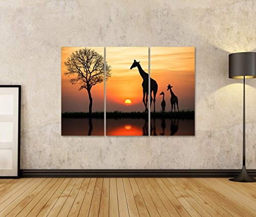 islandburner Bild Bilder auf Leinwand 3 teilig Giraffen Sonnenuntergang Poster, Leinwandbild, Wandbilder