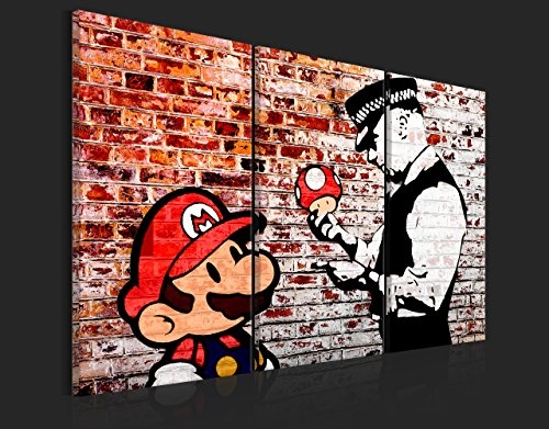 murando - Bilder Mario 120x80 cm Vlies Leinwandbild 3 Teilig Kunstdruck modern Wandbilder XXL Wanddekoration Design Wand Bild - Banksy Street Art Ziegel Mauer i-C-0119-b-e
