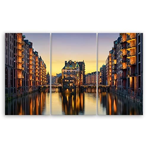 ge Bildet® hochwertiges Leinwandbild XXL - Wasserschloss in der Speicherstadt - Hamburg - 165 x 100 cm mehrteilig (3 teilig) 2211 D