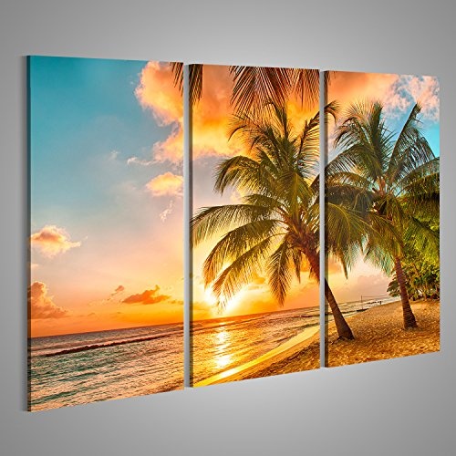 islandburner Bild Bilder auf Leinwand Schöner Sonnenuntergang über dem Meer mit Blick auf Palmen am weißen Strand auf Wandbild Leinwandbild Poster DHA