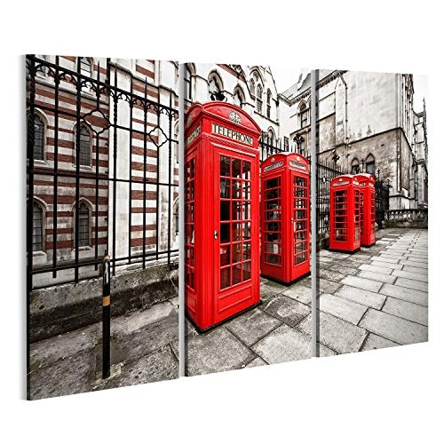 islandburner Bild Bilder auf Leinwand horizontale Aufnahme von Vier roten Telefonzellen auf London Wandbild, Poster, Leinwandbild MSV