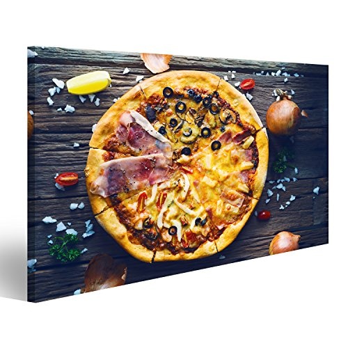 islandburner Bild auf Leinwand Pizza mit Vier Saisonpizzen auf dem Holztisch Wandbild, Poster, Leinwandbild ILZ-1P