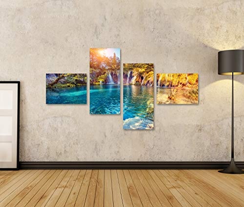 islandburner Bild Bilder auf Leinwand majestätische Ansicht auf Türkiswasser und sonnige Strahlen im Plitvice See-Nationalpark Kroatien Wandbild, Poster, Leinwandbild NCY