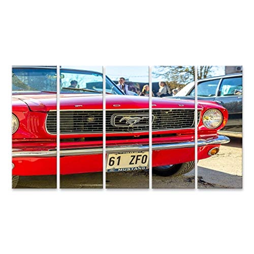 Bild Bilder auf Leinwand TALLINN, ESTLAND - 6. MÄRZ 2017: Glänzender roter schöner Ford Mustang Retro Vintage Front Side Standing an der Auto Moto Show-Ausstellung sonnig Wandbild, Poster, L