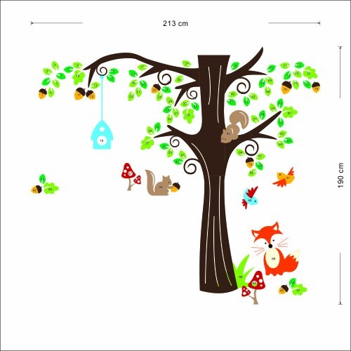 XXL Jungle Waldtier mit Fuchs, Vögel und Eichhörnchen spielen auf bunten Baum Wandtattoo Wandaufkleber für Kinder Kindergarten (X Large)