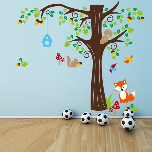 XXL Jungle Waldtier mit Fuchs, Vögel und Eichhörnchen spielen auf bunten Baum Wandtattoo Wandaufkleber für Kinder Kindergarten (X Large)
