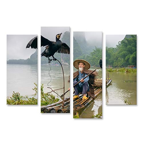 Bild Bilder auf Leinwand Kormoranischer Fischer und Seine Vögel am Li-Fluss in Yangshuo Guangxi China Wandbild Poster Leinwandbild RKW