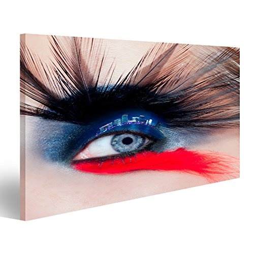 Bild Bilder auf Leinwand Blaue Frau Augen Make-up Vogel mit schwarzen und roten Federn und Nacht Stadt in Augenlid inspiriert Wandbild, Poster, Leinwandbild KBG