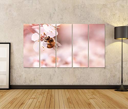 Bild Bilder auf Leinwand Nahaufnahme von kleinen Bienen bestäubend blühendes Kirschbauminsekt auf sanften weißen Blüten sitzend über rosa verschwommenem Hintergrund Frühlingssaisonkonzept Wa