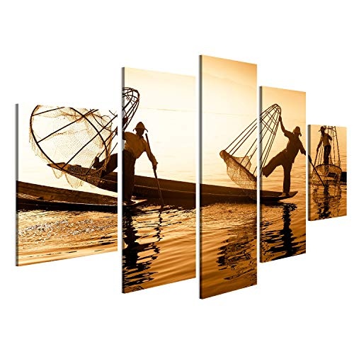 Bild Bilder auf Leinwand Birmanischer Fischer auf anziehenden Fischen des Bambusbootes auf traditionelle Art mit handgemachtem Netz. Inle See, My Wandbild, Poster, Leinwandbild NVB