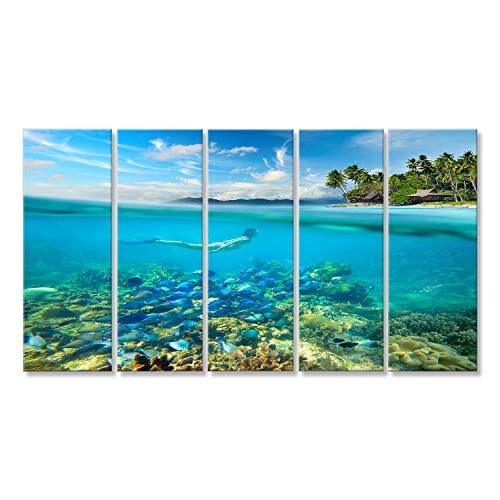 islandburner Bild auf Leinwand Frau schwimmt um EIN wunderschönes Korallenriff, umgeben von Einer Vielzahl von Fischen auf dem Hintergrund Inseln Wandbild, Poster, Leinwandbild FQK