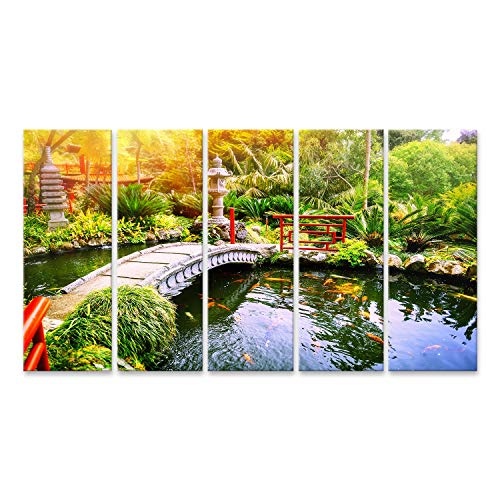 islandburner, Bild auf Leinwand Japanischer Garten mit schwimmenden Koi-Fischen im Teich. Naturhintergrund Wandbild Leinwandbild Kunstdruck Poster 170x80cm - 5 Teile XXL