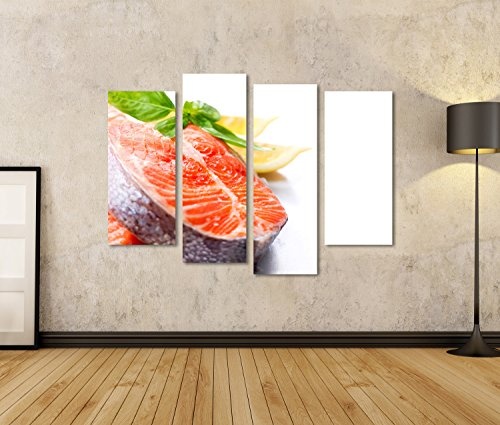 islandburner Bild auf Leinwand Rohes Lachs-rotes Fisch-Steak mit den Kräutern und Zitrone getrennt auf Weiß Wandbild, Poster, Leinwandbild HVM-4erP