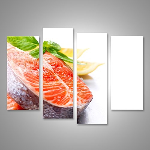 islandburner Bild auf Leinwand Rohes Lachs-rotes Fisch-Steak mit den Kräutern und Zitrone getrennt auf Weiß Wandbild, Poster, Leinwandbild HVM-4erP