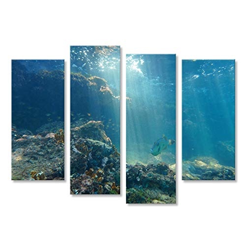 islandburner Bild Bilder auf Leinwand Strahlen von Licht unter Wasser durch die Wasseroberfläche aus dem Meeresboden auf Einem Riff mit Fisch, Karibisches Meer, natürliche Szene gesehen Wand