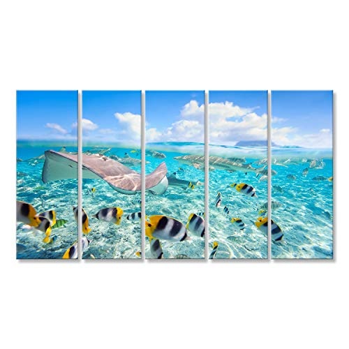 islandburner Bild auf Leinwand Bunte Fische, Stachelrochen und Schwarze Haie unter Wasser in Bora Bora Lagune Wandbild, Poster, Leinwandbild FLX